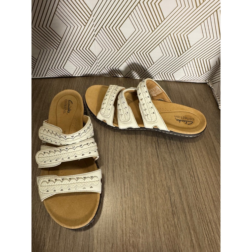Clarks Collection White Triple Strap Comfort Slide Sandals‎ 7.5M